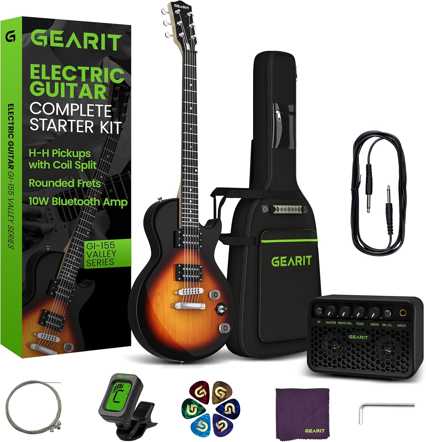 GEARit 39 Inch Full Size Electric Guitar Bundle w/Amplifier, H-H Pickups with Coil Split, Starter Kit with Tuner, Gig Bag, Strap, Cable, Picks, Strings - GI-155 Valley Series, Tobacco Burst