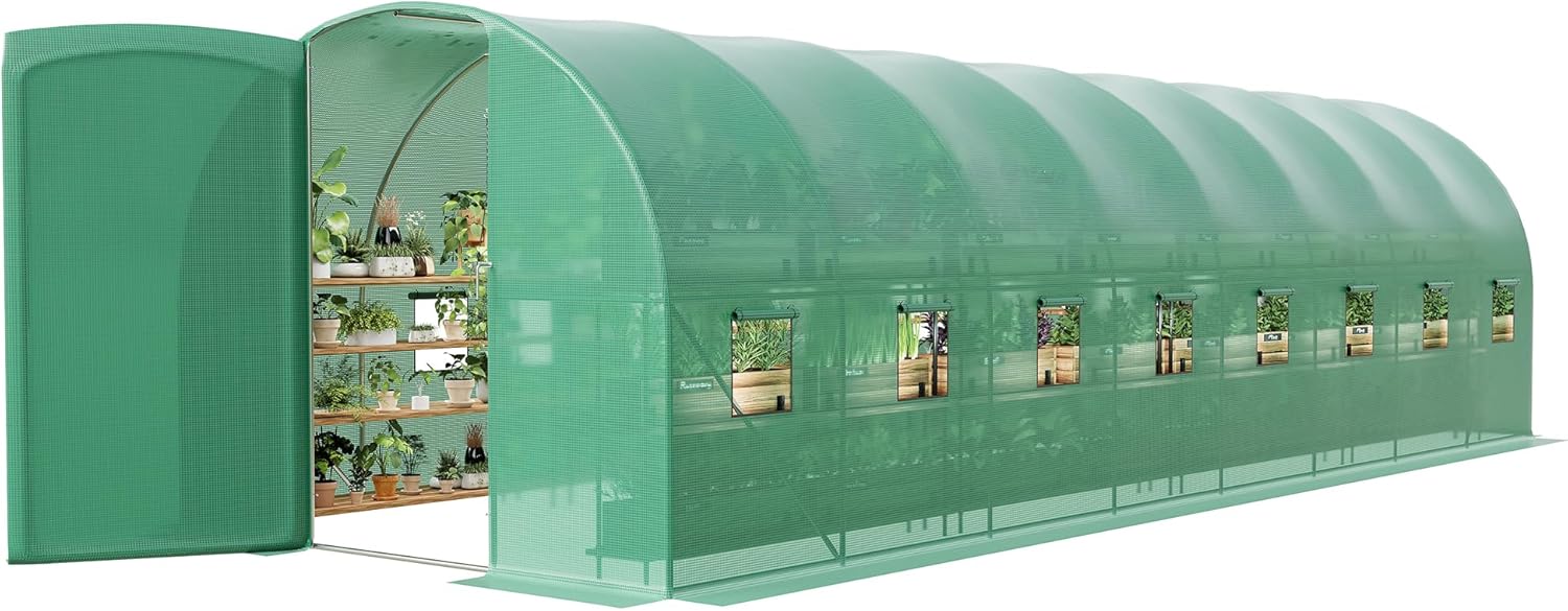 Large 27x10x7 FT Outdoor Walk-in Greenhouse with Swing Door, 16 Mesh Windows, Heavy-Duty Galvanized Steel Frame and Thick PE Cover, Green Garden Plant House for Backyard Gardening