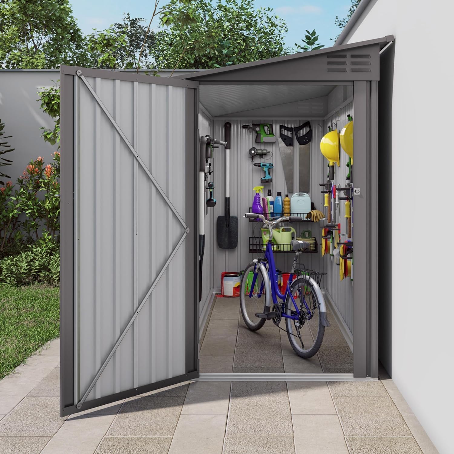 4 x 9 FT Outdoor Storage Shed with Window and Vents, Sloping Roof Metal Tool Shed with Lockable Side Door, Waterproof Outdoor Shed for Backyard, Garden, Patio, Garage, Lawn, Gray