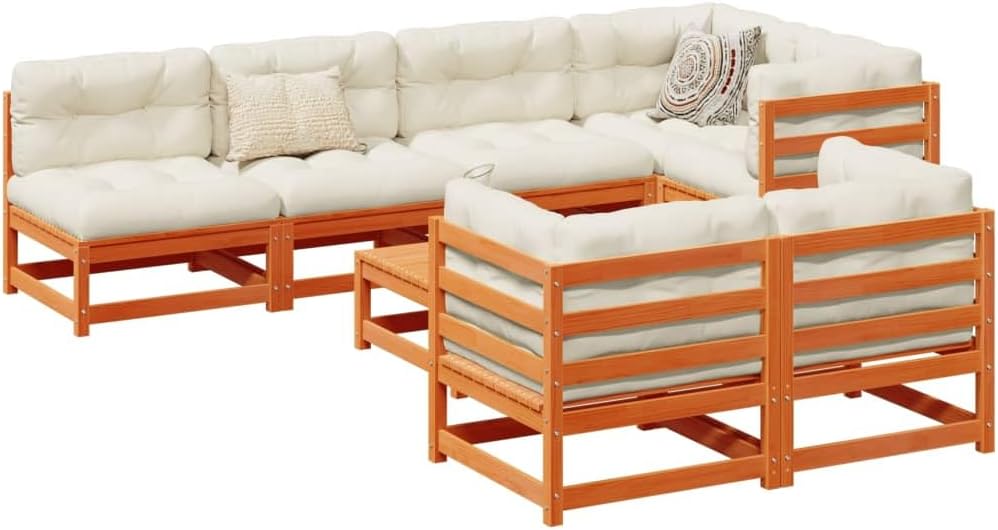 8 Piece Patio Sofa Set Wax Brown Solid Wood Pine,Outdoor Patio Sofa Set for Garden Comfortable Modular Pinewood Furniture Patio Furniture Sets