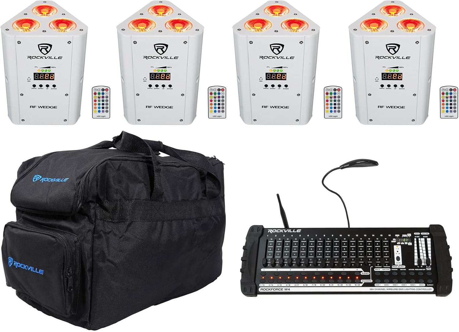 Rockville RF Wedge White Bundle: (4) 54W RGBWA+UV Battery Wireless DMX DJ Par Uplights w/RF Remote, ROCKFORCE W4 384-Channel Wireless DMX Controller w/MIDI, RLB30 Bag for 4 Slim Par Lights, 6-Items