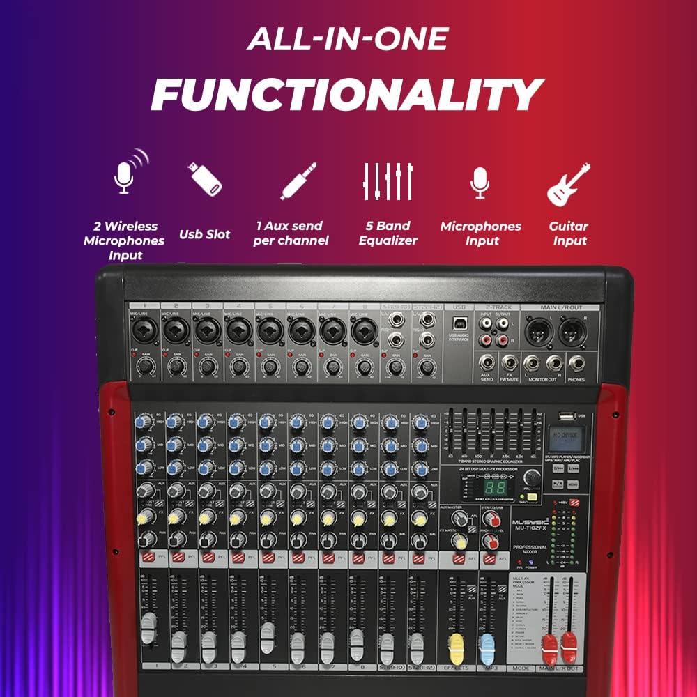 MUSYSIC PA Audio Mixer, Dual Bit FX Processor, 24 Built-in Preamp & Professional Amp, 99 Sound Effects USB/WMA/SD/MP3/Bluetooth Interface - DJ and Studio Gear with 66m Faders - 12 Channels 7 Band GEQ
