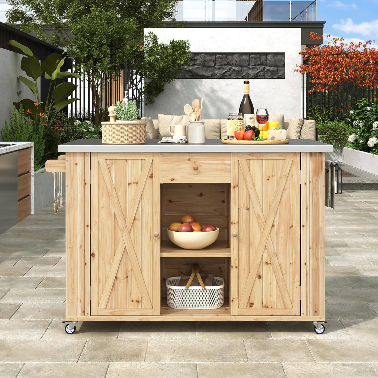 LUMISOL Outdoor Kitchen Island with Stainless Steel Top, Farmhouse Fir Wood Outdoor Grill Table with Ample Storage Space, Rolling Bar Cart with Spice & Towel Rack, and Bottle Opener, Natural