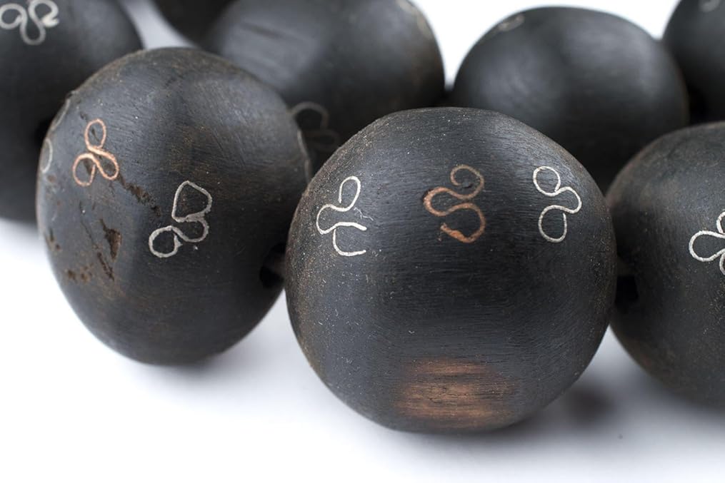 The Bead Chest Jumbo Round Inlaid Mali Ebony Wood Beads 30mm African Black Large Hole 30 Inch Strand Handmade