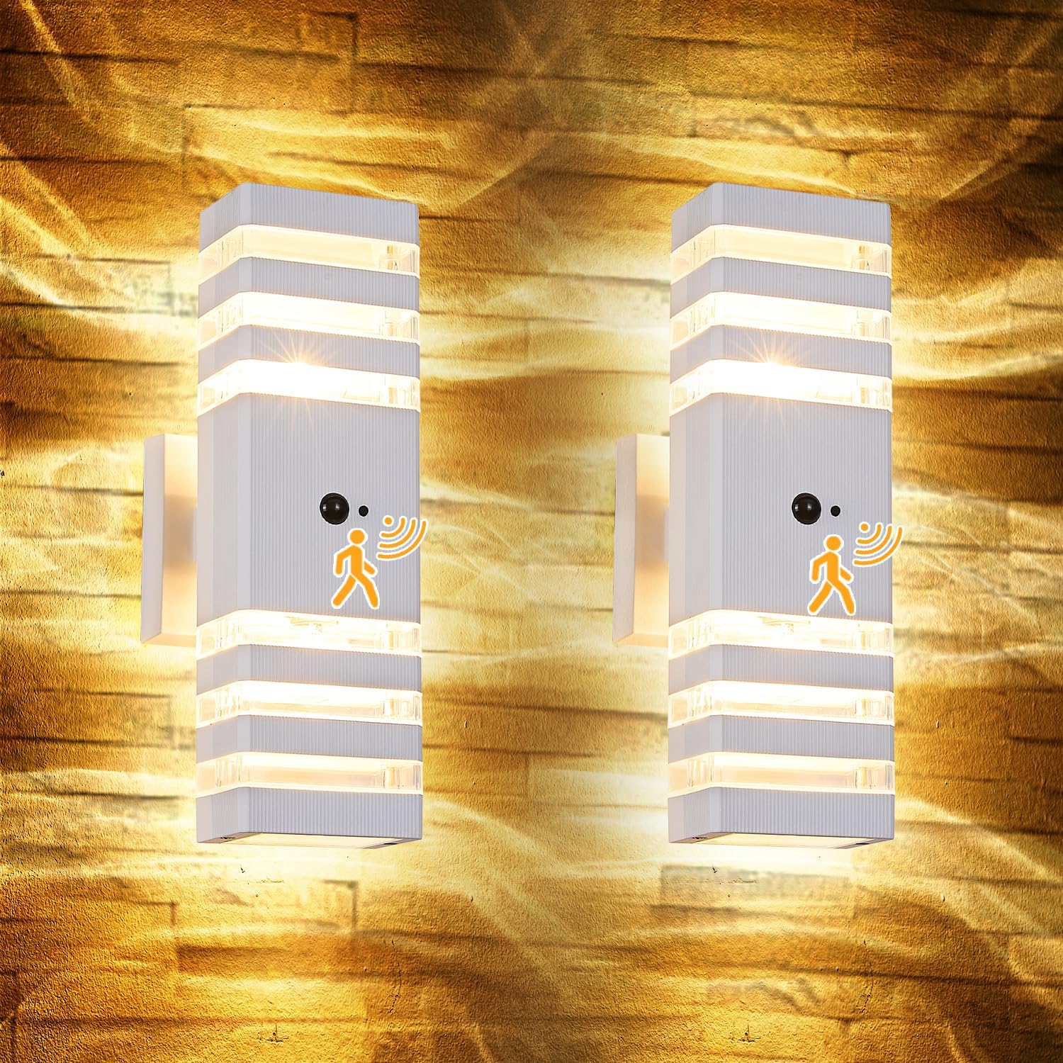 2 Pack Motion Sensor Outdoor Wall Lights with 4 Dimmable Bulbs, Modern White Dusk to Dawn Porch Sconces Waterproof Up Down Exterior Lighting Fixtures, Outside Coach Lamp for House Garage Front Door