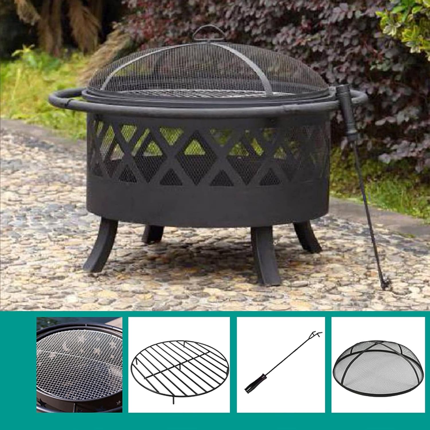 Garden Fire Pit Grill Bowl Grill Barbecue Rack Wood Burning Fire Pit BBQ Grill Firepit Bowl Outdoor Fire Pits Garden 3 in 1 Fireplace for Bonfire Barbecue in The Wild with Grill Grate
