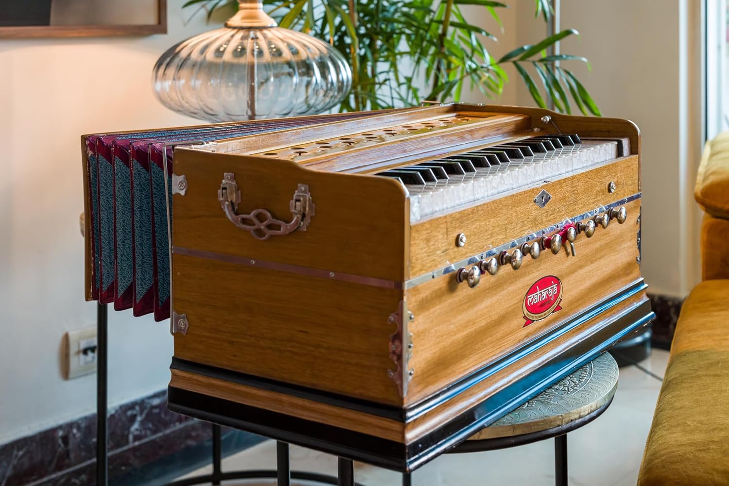 Harmonium by Maharaja Musicals, USA, 9 Stops, Model 2025, 3 1/2 Octave, Double Reed, Coupler, Natural Color, Standard, Padded Bag, A440 Tuned, Musical Instrument Indian-ABG