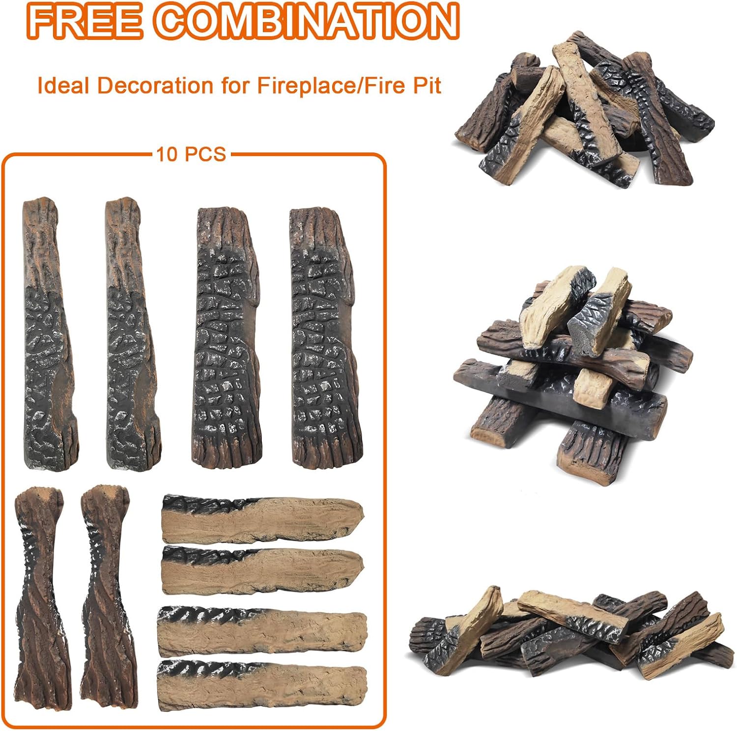 Skypatio 10-Piece Gas Fireplace Logs Set, Heat Resistant Realistic Ceramic Wood Logs for Indoor or Outdoor Fireplace, Fire Pit Decor, Lightweight & Portable