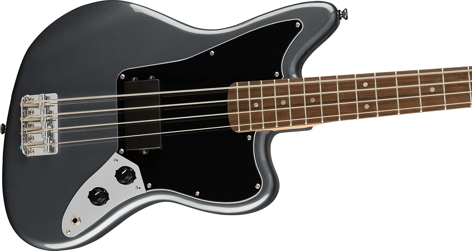 Fender Squier Affinity Jaguar Bass H - Charcoal Frost Metallic Bundle with Rumble 15 Amplifier, Instrument Cable, Gig Bag, Tuner, Strap, and Austin Bazaar Instructional DVD