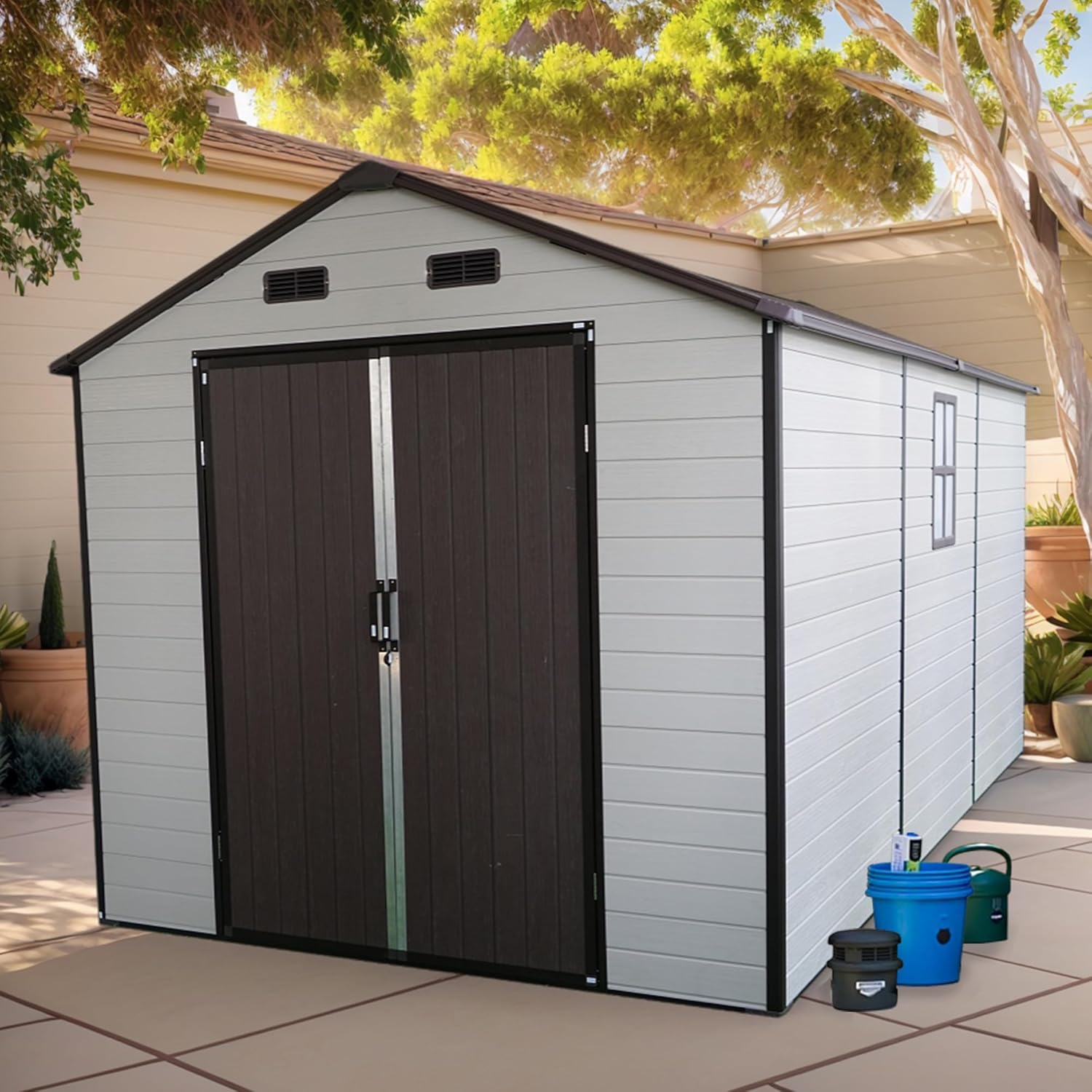 LANTRO JS Outdoor Storage Shed, 8x14x7.6FT Plastic Storage Shed with 2 Windows and Strong Aluminum Frame for Garden Tools, Bike, Lawnmower, White and Brown