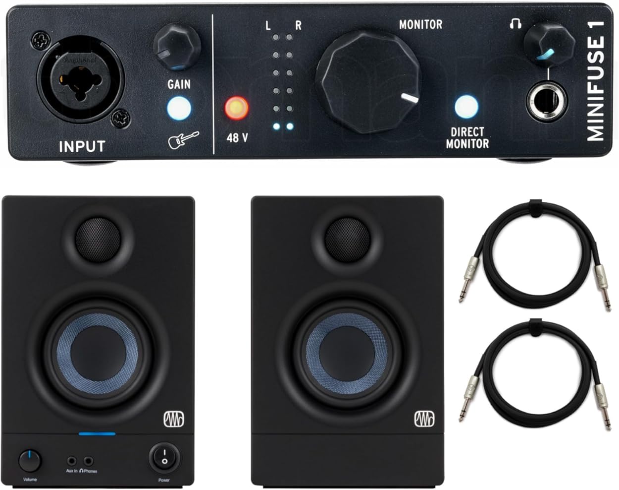 Arturia MiniFuse 1 Audio Portable Interface, USB Compatible with Midi Keyboard and Controller Bundle with 3.5 3.5-Inch Studio Monitor (Pair) and 6-Feet 1/4 Inch TRS Cables (4 Items)