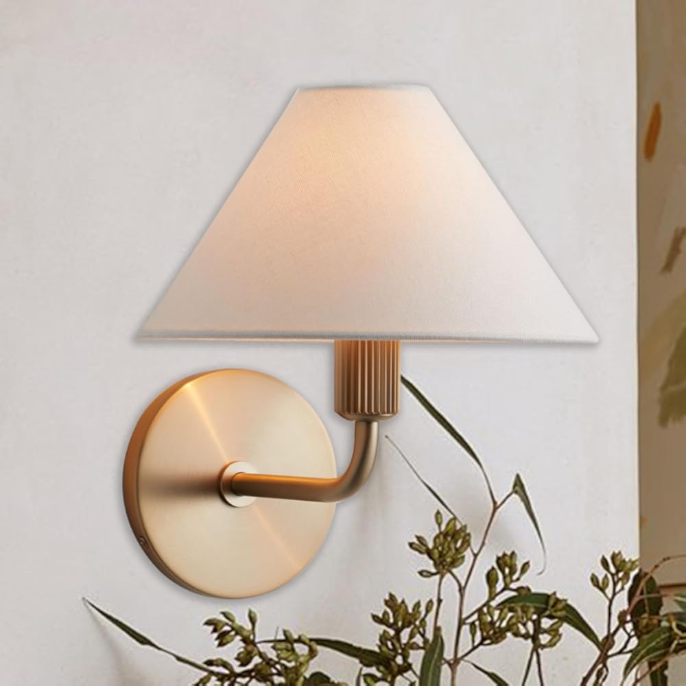 Mid-Century Brushed Brass Wall Sconce with Linen Shade, Elegant Sconce with White Linen Shade, Wall Light for Bedroom Bedside House Reading, Living Room, Hallway (Brass)