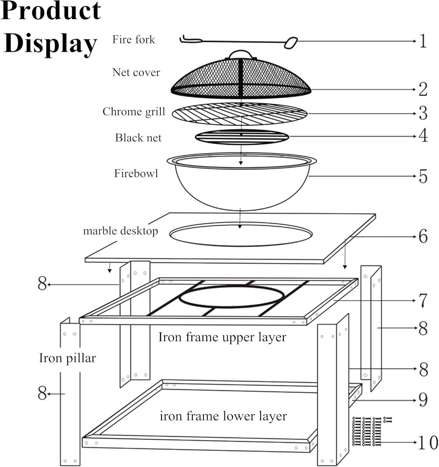 Cast Stone Bonfire Table,Party Fire Pit for Camping,Patio Heater,with Deep Fire Pit Bowl/Net Cover/Chrome Grilled Wire Mesh/Black Charcoal Tray