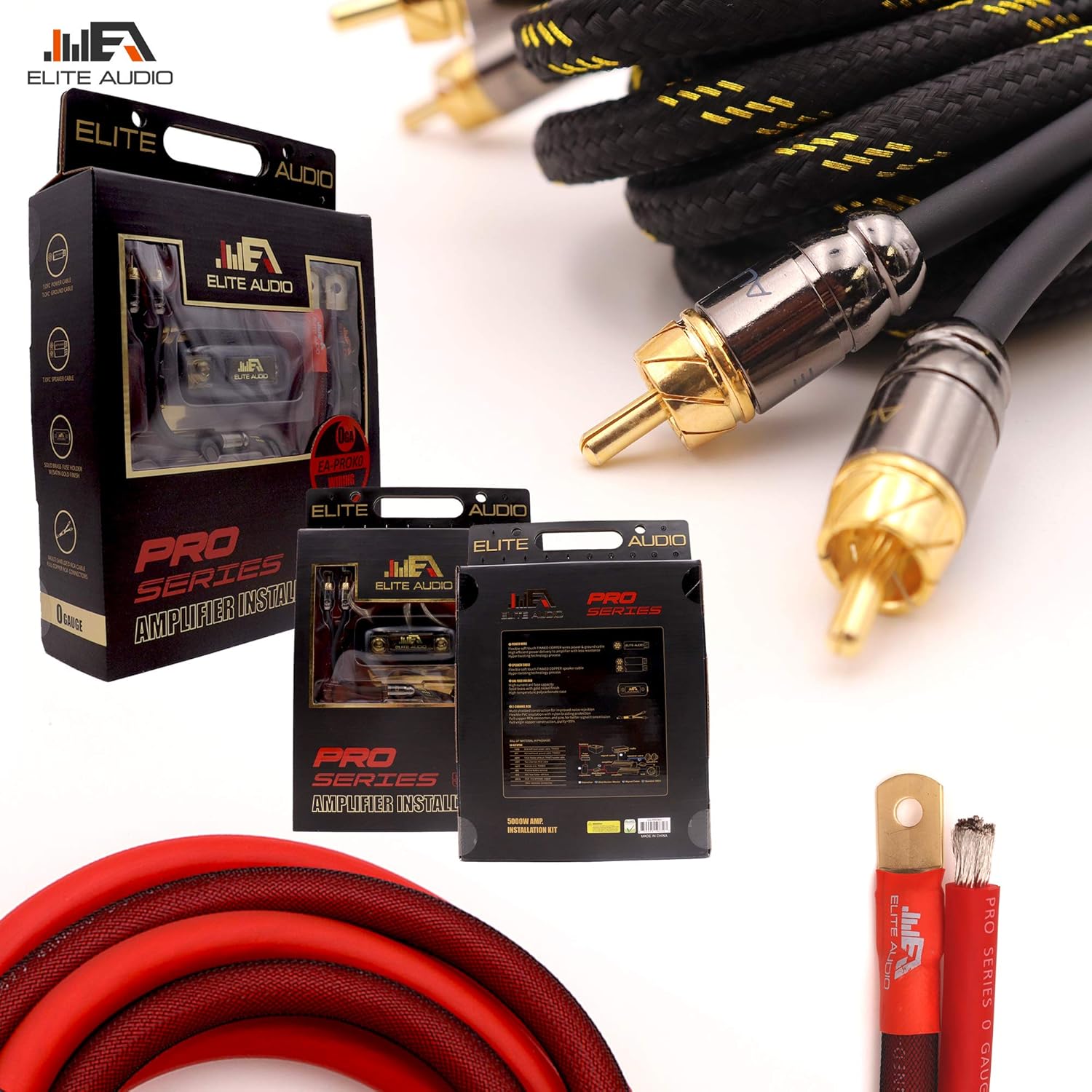 Elite Audio EA-PROK0 + EA-PRO617 Pro Series Amplifier Wiring Kit Bundle with 6-Channel RCA Combo - 5000W Max Power, 0GA Cables, Dual RCA Sets, ANL Fuse and Holder