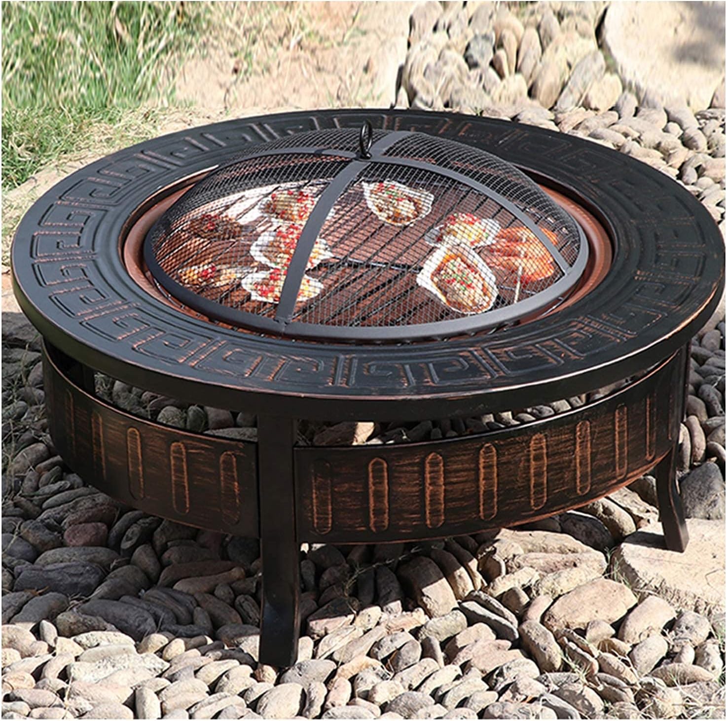 Outdoor Fire Pit 32-inch Bonfire Pit, Wood Burning Fire Bowl, Grill with Mesh Spark Screen Cover Grate Poker