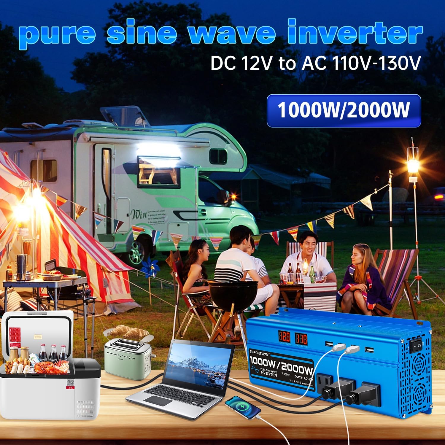 1000W Pure Sine Wave Inverter DC 12V to AC 110V/120V Converter 2000w (Peak) Car Power Converter with 3 AC Outlets, 4USB Port,Power Inverter for Car, Truck, Home, Vehicles, Laptop