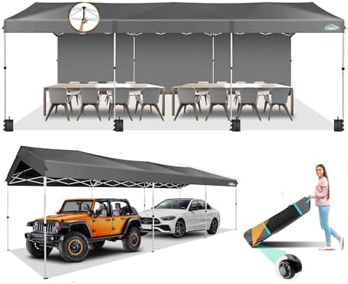 COBIZI Carport 10x30 Pop Up Canopy Car Tent with One Push Center Lock, Outdoor Portable Garage Tents for Parties UPF50+ Waterproof All-Season Car Canopy with Wheeled Bag,3 Sidewalls, Adjustable Height