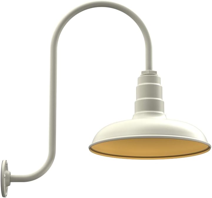 Steel Lighting Co. Topanga Barn Light | Outdoor Wall Mounted | 14 inch Dome | Upward Sloping Gooseneck | Farmhouse Garage Light Made in America | Cream Exterior/Brass Interior