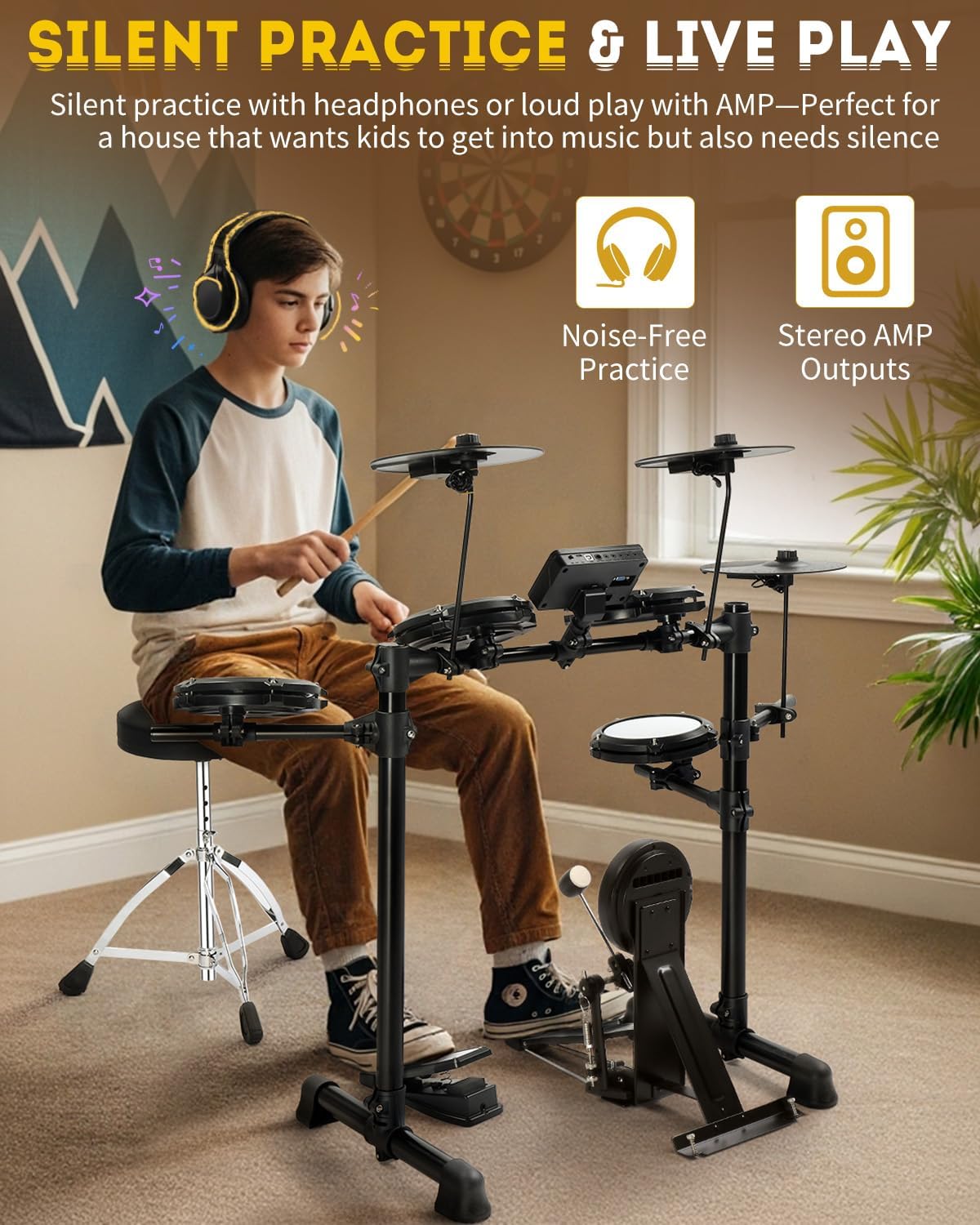 Ktaxon Electric Drum Set, Electronic Drum Set with Type-C Charging, USB MIDI & Quiet Mesh Drums, Premium Cymbals, Low-Noise Kick Pedal, Adjustable Throne, Headphones, Sticks and Velcro(Full)