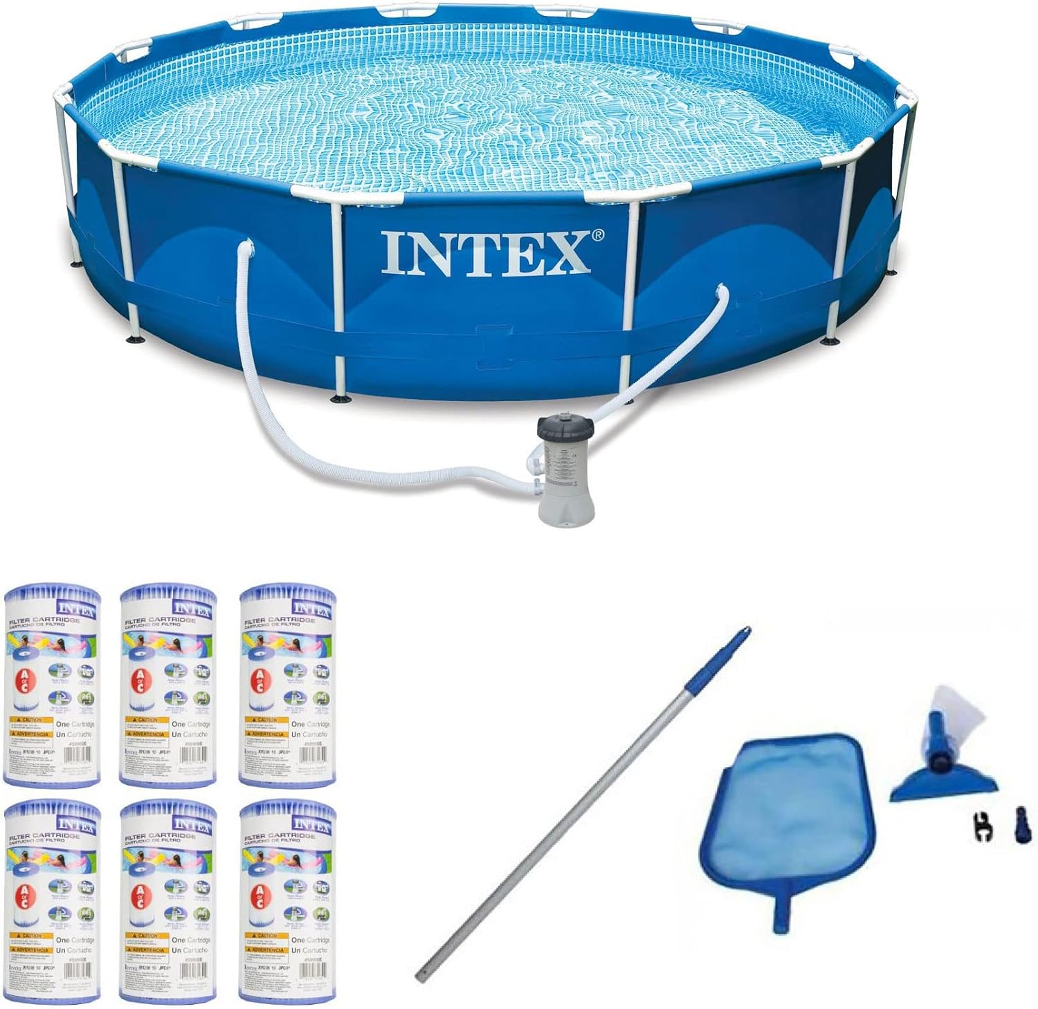 Intex 12 Foot by 30 Inch Metal Frame Above Ground Swimming Pool with Maintenance Cleaning Kit, and Type A and C Replacement Filter Pump Cartridge