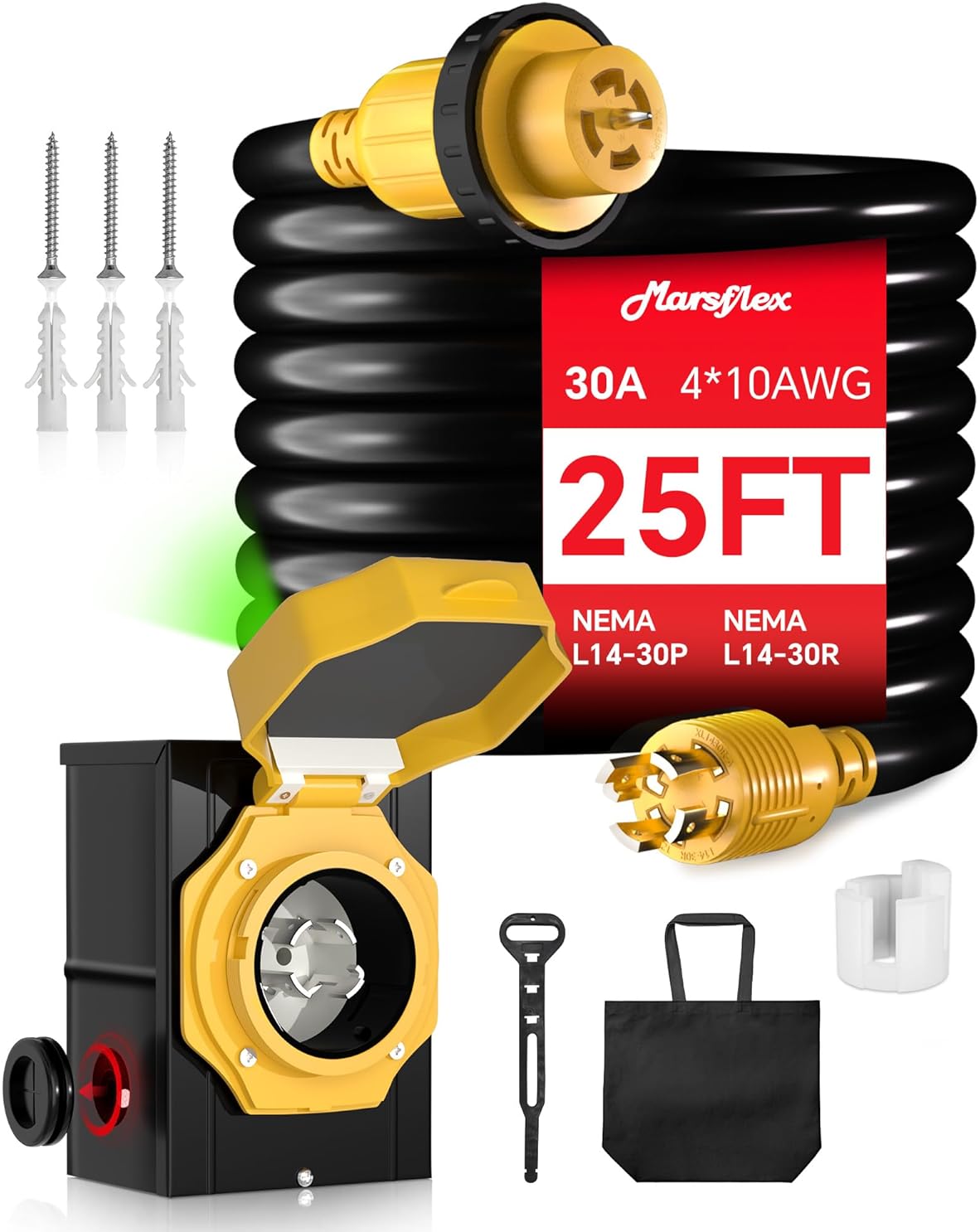 Marsflex 25FT 30 Amp Generator Cord and Power Inlet Box, Pre-Drilled Generator Inlet Box with NEMA L14-30P / L14-30R Generator Cord, for 125/250 Volt 7500 Watts, Weatherproof Outdoor Use, ETL Listed