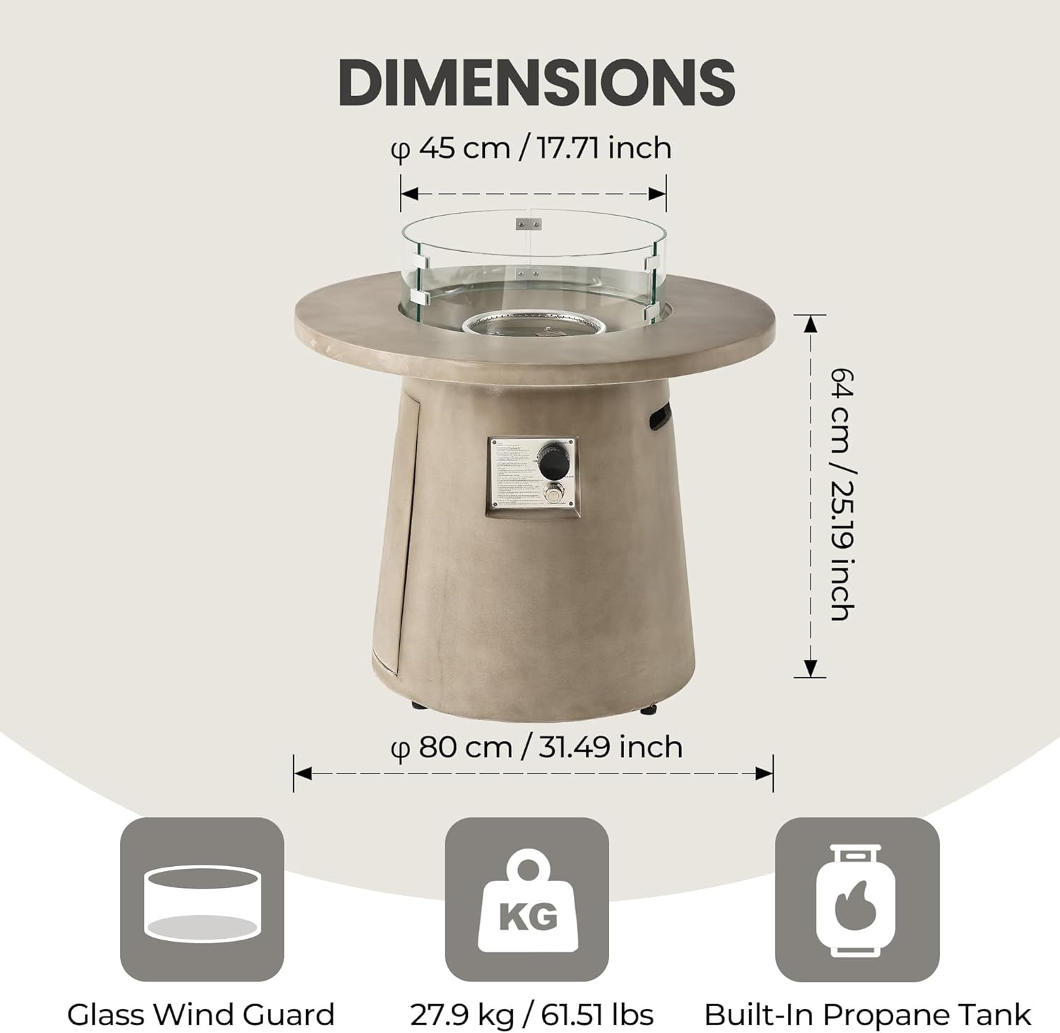 HOMPUS Outdoor Propane Fire Pit, 31 inch Round Gray Propane Fire Pit with 10lbs Aqua Transparent Gray Fire Glass, 40000 BTU Gas Smokeless Fire Pit Table, Patio Concrete Firepit with Rain Cover