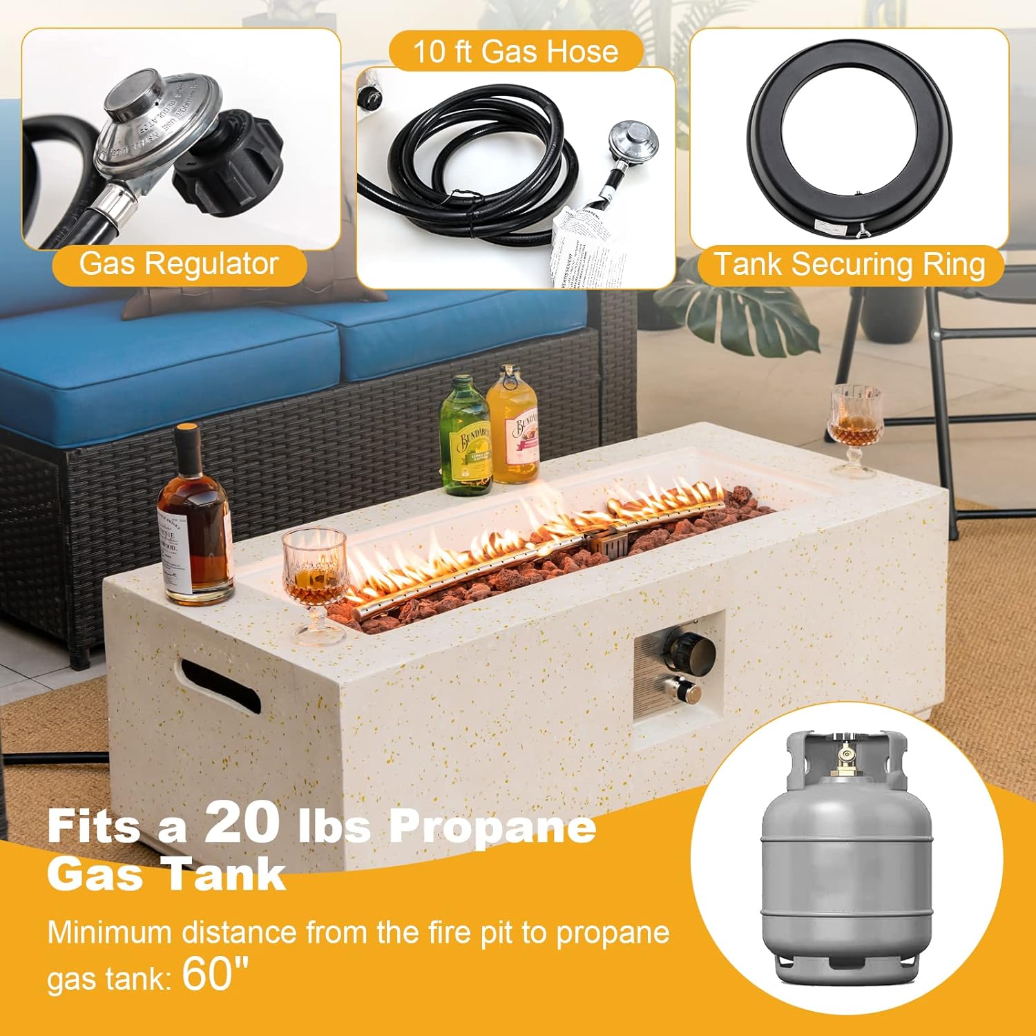 S AFSTAR Propane Fire Pit Table, 42 Inch 50,000 BTU Gas Fire Pit Table W/Stainless Steel Burner, & Volcanic Rocks, PVC Protective Cover, Outdoor Rectangular Terrazzo Fire Tables for Patio Pool Balcony