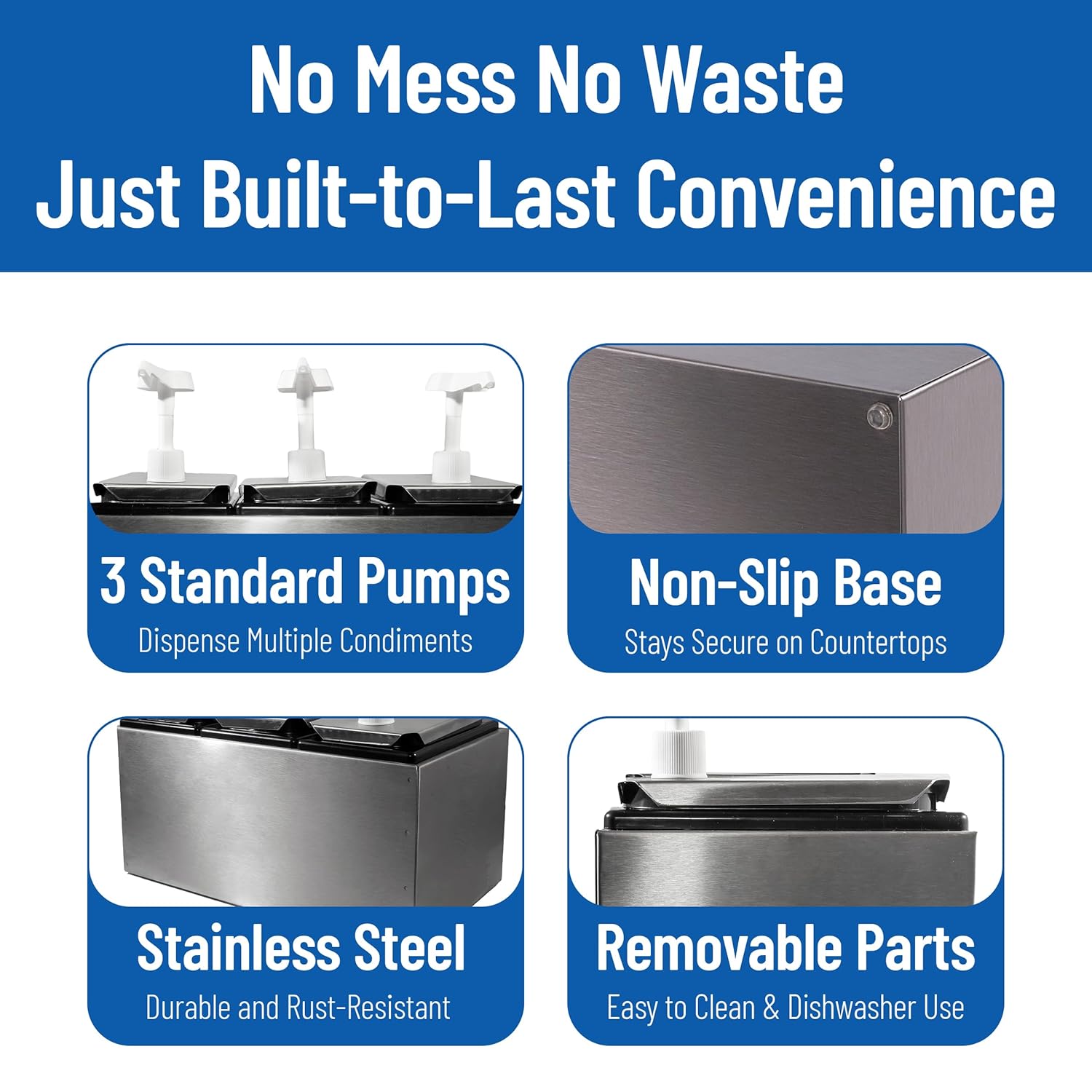 Carlisle FoodService Products Condiment Rail Condiment Center with 3 Standard Pumps for Gas Stations, Restaurants, and Fast Food Stainless Steel, 14.44 X 7.75 X 12.5 Inches, Silver