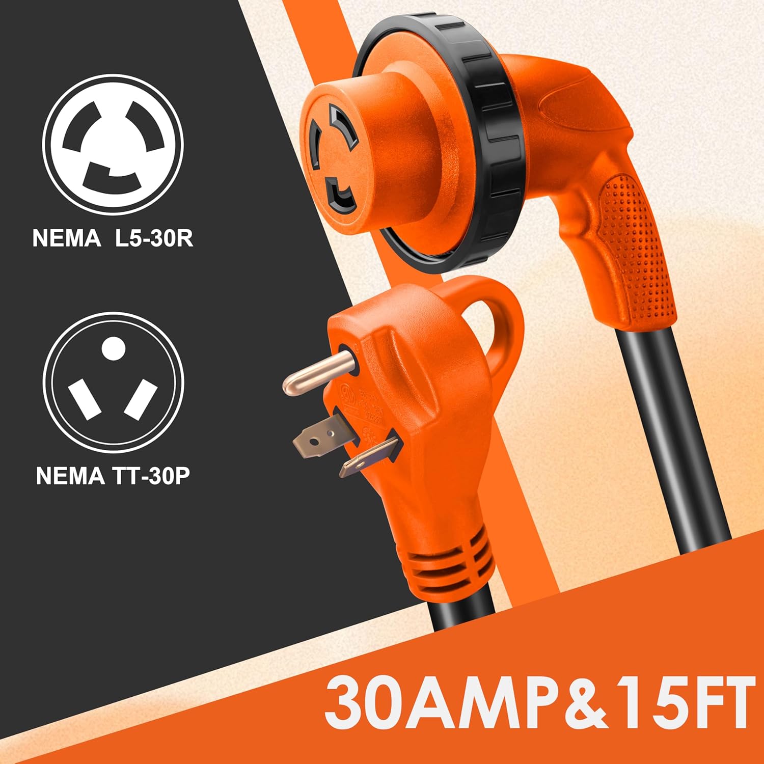 30 Amp RV Extension Cord,15 ft,Heavy Duty Generator Extension Cord with LED Power Indicator;30 AMP Twist Lock RV Power Inlet 125V/120V