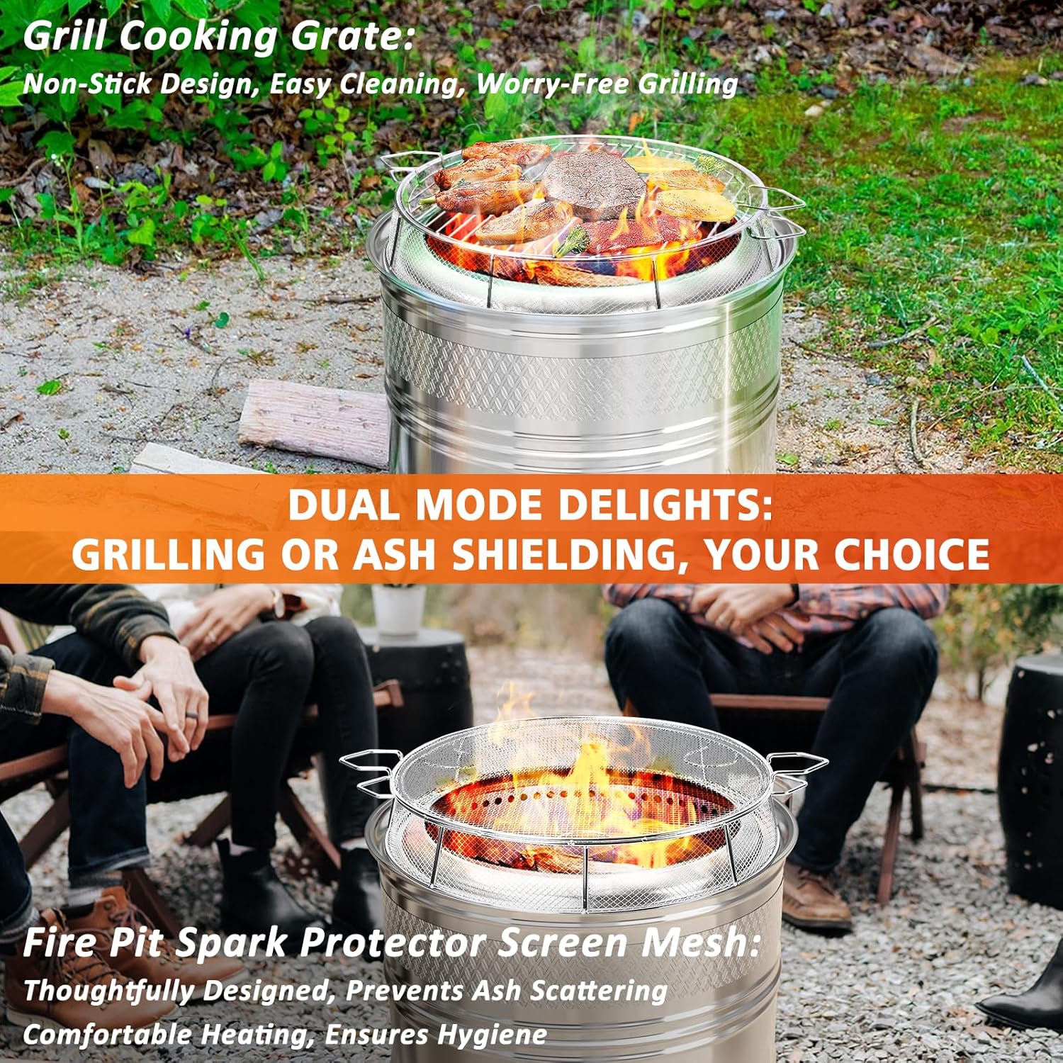 Hisencn Shield for Solo Stove Yukon 27 Inch, 304 Stainless Steel Fire Pit Spark Protector Screen & Grill Cooking Grate & Fire Pit Stand for Fireplace with Two Guild Sticks