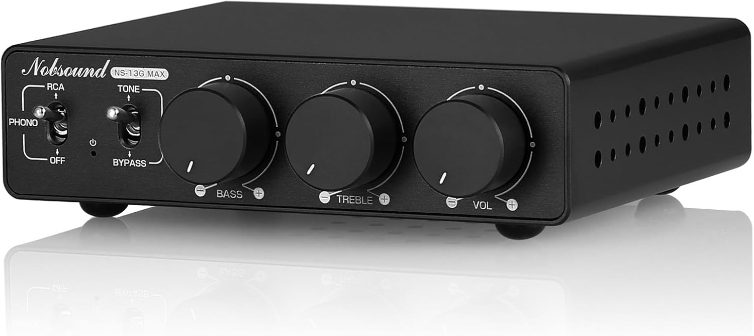 Nobsound 300Wx2 Stereo Amplifier with Phono Input - HiFi Class D Mini Power Amp for Home Theater, Turntables, Studio Monitor | TPA3255 Chip, RCA/MM Inputs, Bass/Treble Control (NS-13G MAX DC 48V)