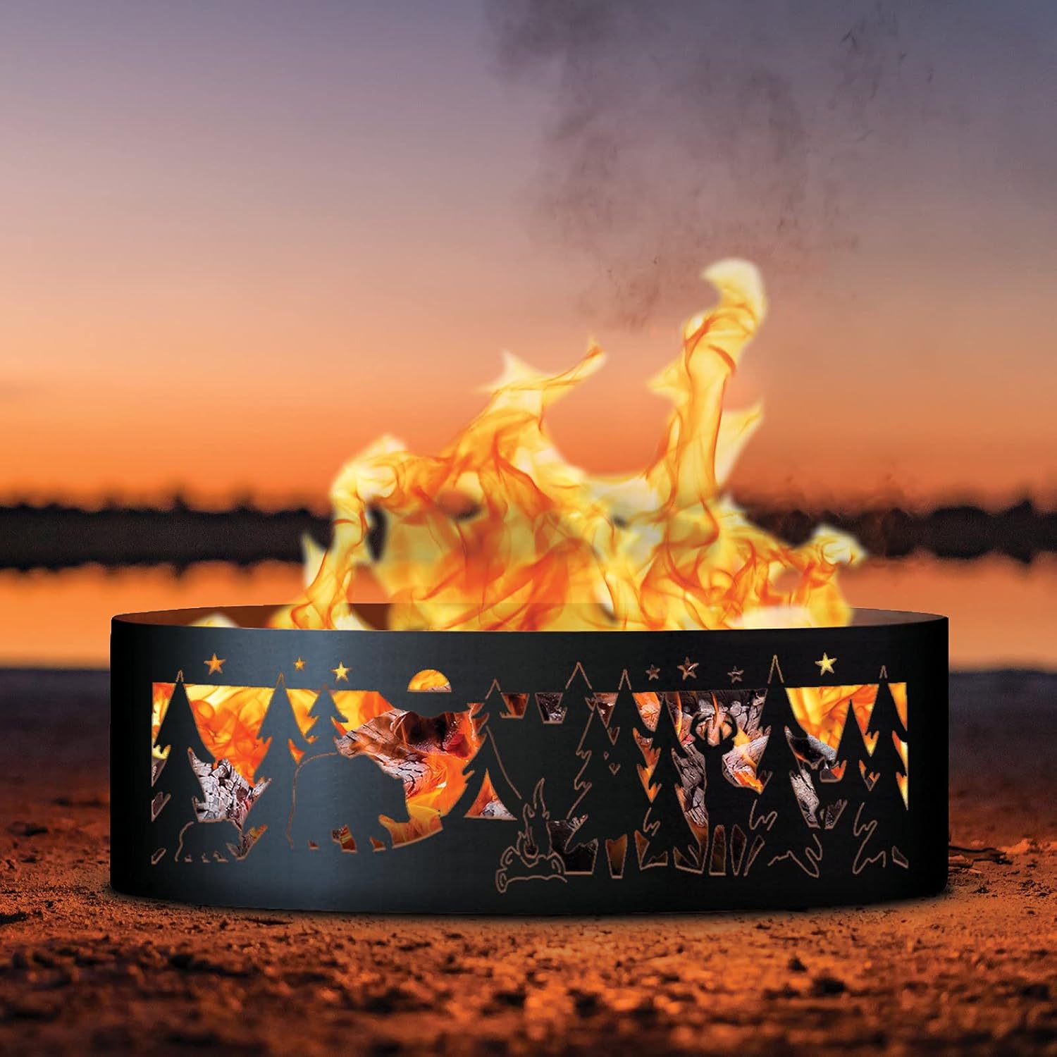 PD Metals NW00730-FP Northwoods Unpainted 12 in. Tall 30 in. Diameter Outdoor Fire Ring with Fire Poker - 30 x 30 x 12 in. - Rustic Black Color