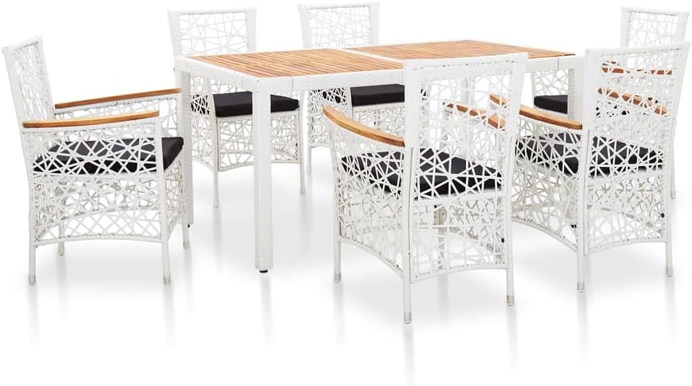 Furniture Sets 7 Piece Patio Dining Set Poly Rattan White,Exquisite Rattan Dining Set: Contemporary Design, WeatherResistant Comfort Garden Conversation Sets