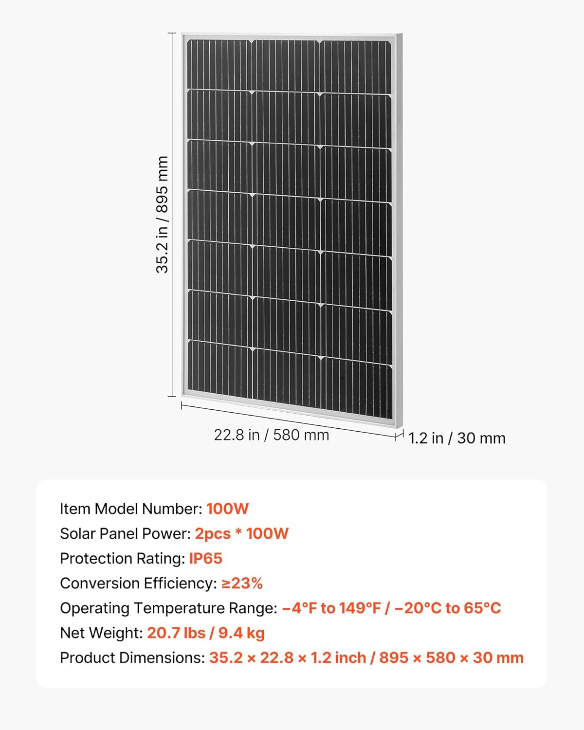 VEVOR 2PCS 100W Monocrystalline Solar Panels, 23% High-Efficiency Mono PV Module with Stable MC4 Output & Aluminum Frame, IP65 Waterproof Solar Panel for Car Boat RV Flat Rooftop Off-Grid Applications