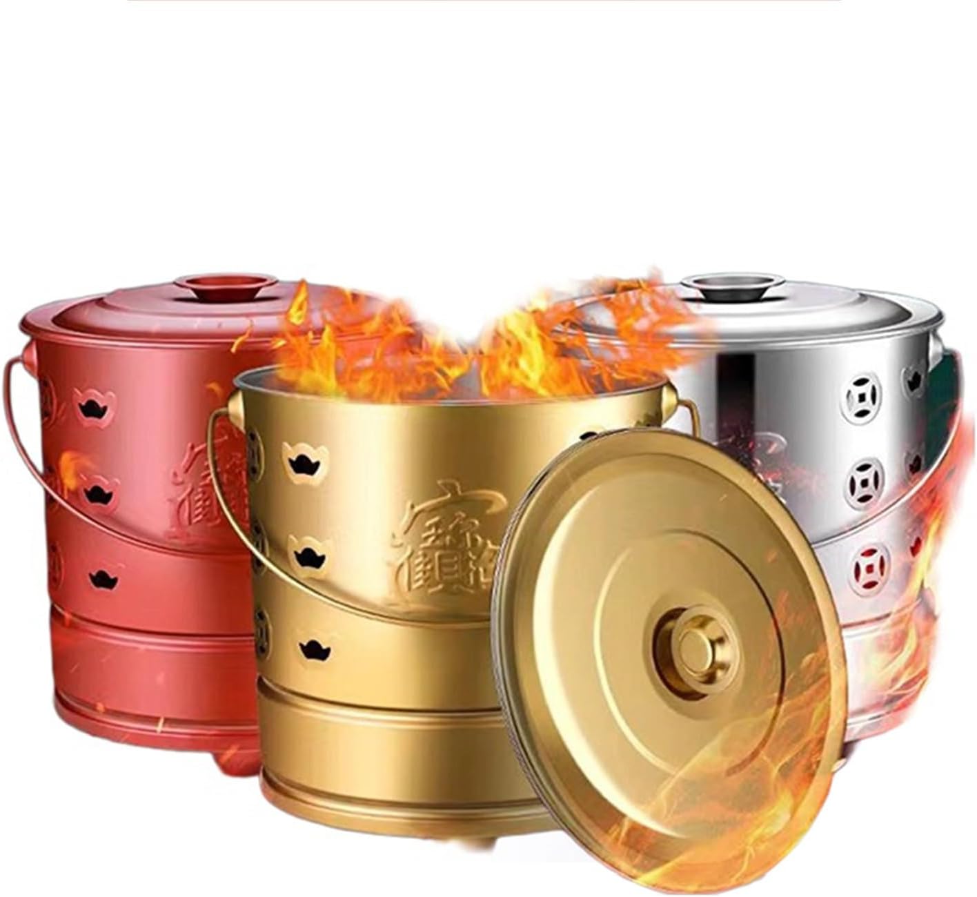 Garden Stainless Steel Outdoor Smokeless Burn Barrels Outside Incinerator Fire Pit for Burning Trash, Burn Cage with Fire Hooks & Handle Bonfire Incineration Barrel for Backyard Leaf Paper Wood.(Gold,