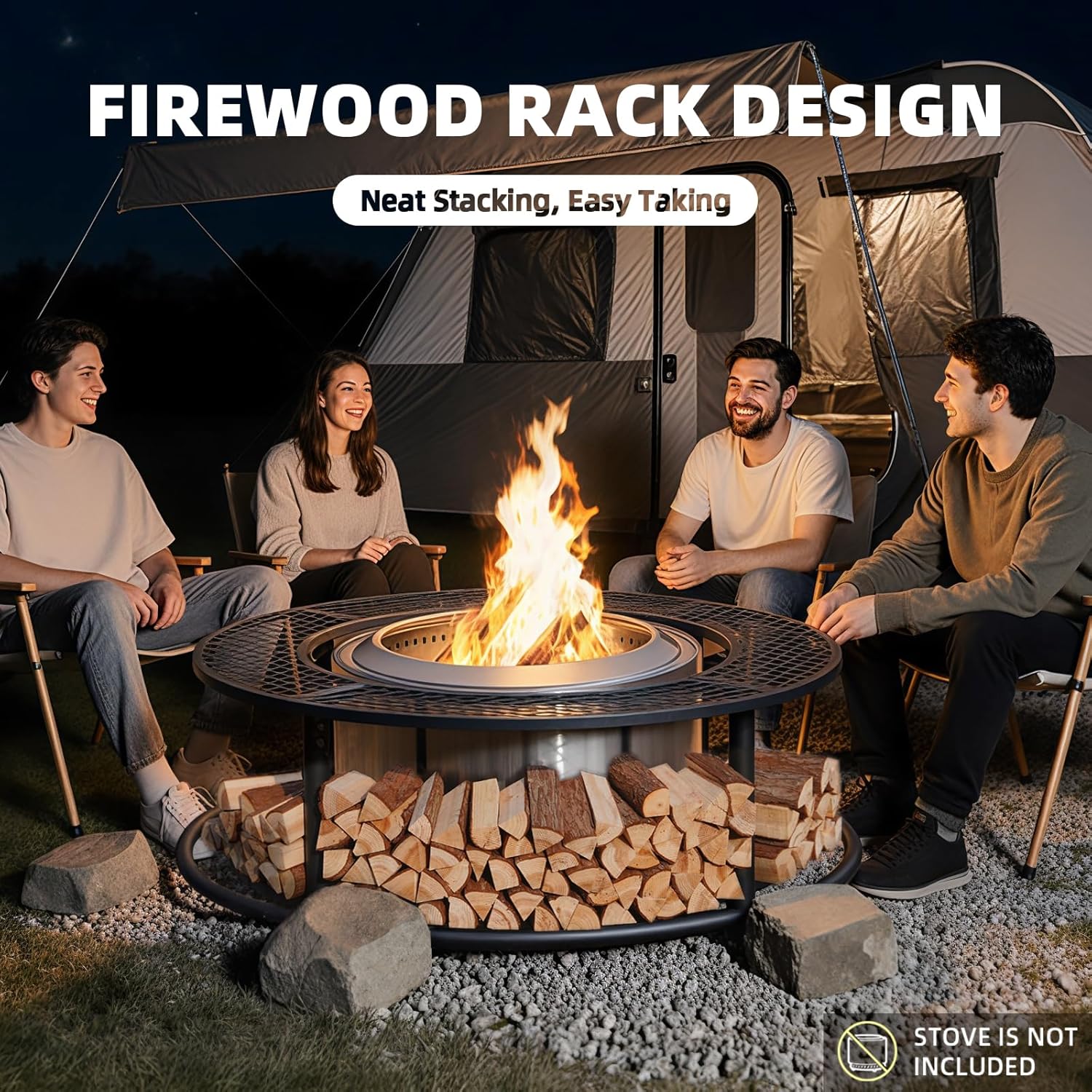 50 Inch Fire Pit Surround Tabletop for Smokeless Fire Pit, Outdoor Surround Table with 2 Grill Grates and Firewood Storage Shelf, Protective Barrier for Safety & Extra Space (Stove not Included)