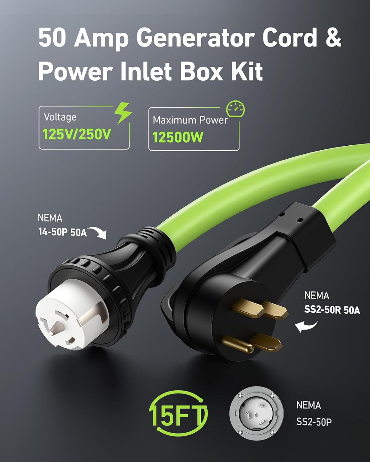 50 Amp Generator Cord and Power Inlet Box, 25 Ft RV Extension Cord, NEMA 14-50P/SS2-50R Twist Lock Connector, 125/250V 12500W Generator Cable, 10 Gauge SJTW Generator to House Power Cord, ETL Listed