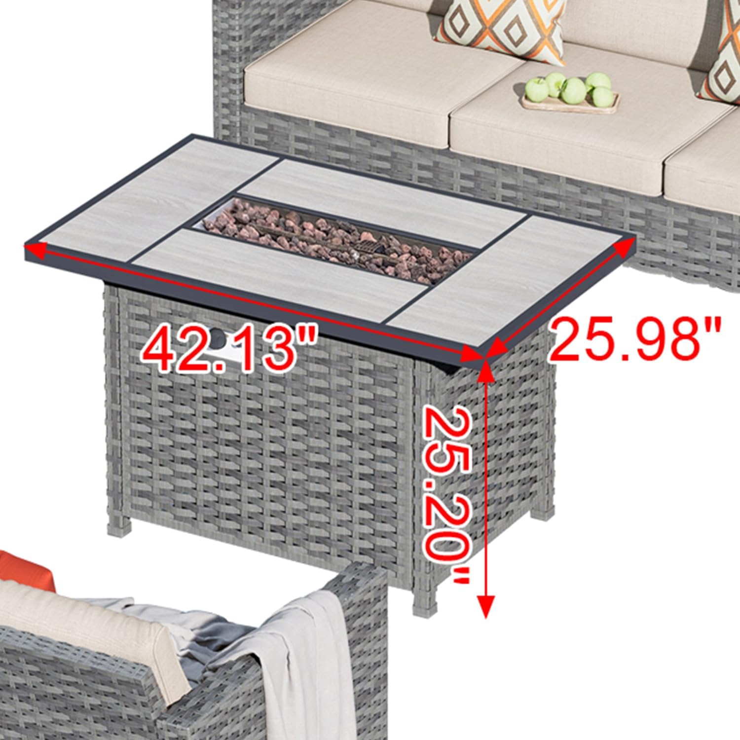 HOOOWOOO Rectangular Outdoor Fire Table 50,000 BTU Propane Patio Fire Pit Table Outside Firepit for Matching Gray Wicker Patio Conversation Set