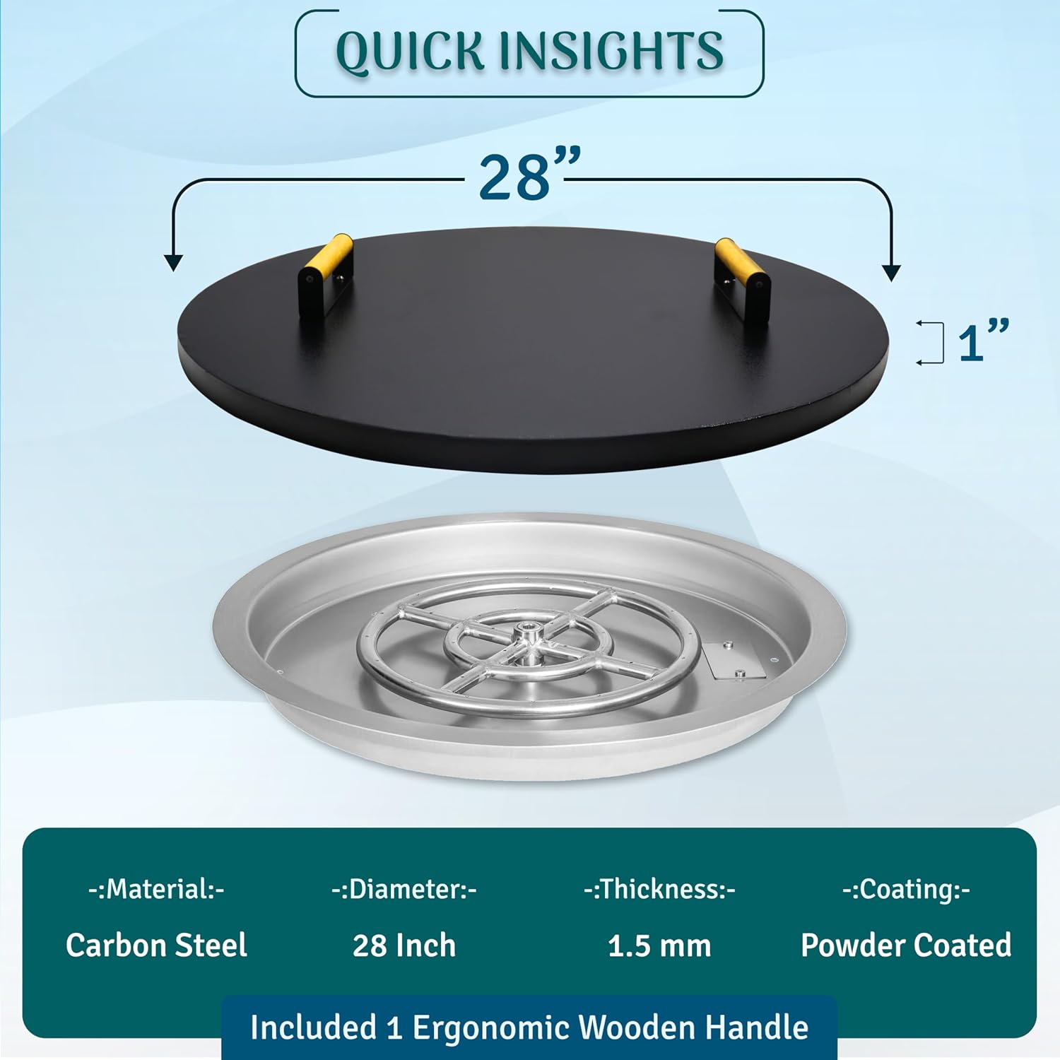 Fire Pit Lid Round - Fire Pit Snuffer Lid 28 inch Diameter & 1.5 mm Thickness - Drop-in Burner FirePit Pan Lid - Grill Fire Ring Lid with Handle