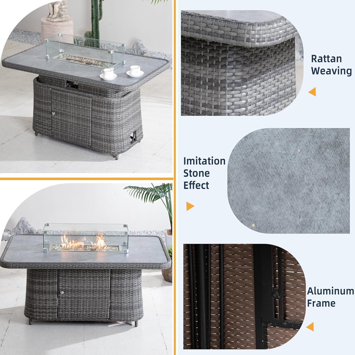 Height Adjustable Fire Pit Table, 2-in-1 Design with 50,000 BTU Burner, Brown Rattan Wicker, 19.68-28.34 inch Adjustable Height, Glass Wind Guard (Grey)