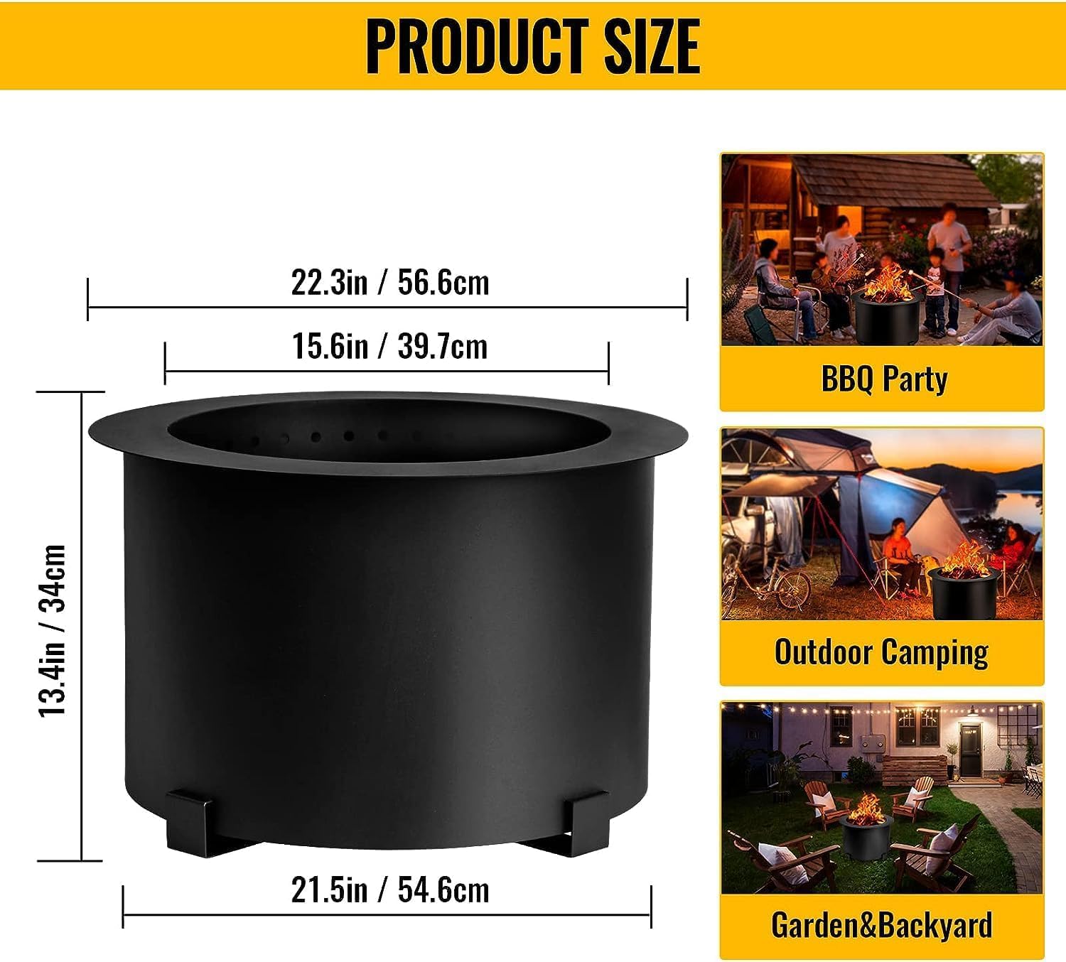 smokeless fire Pit Outdoor Wood Burning, 21.5-23.6 inch Steel Double Flame fire Pit Large Portable Stove Bonfire for Outside, Backyard, Camping, Picnic, Garden w/ 1 pokers and Cover,Black,21.5 inch