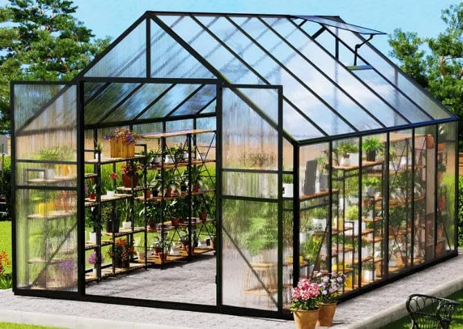 12x8FT Greenhouses for Outdoors, Quick Assembly Green House with UV Protection, Polycarbonate Heavy Duty Windproof Aluminum Frame, Adjustable Roof Vent for Backyard or Outdoor Garden Use
