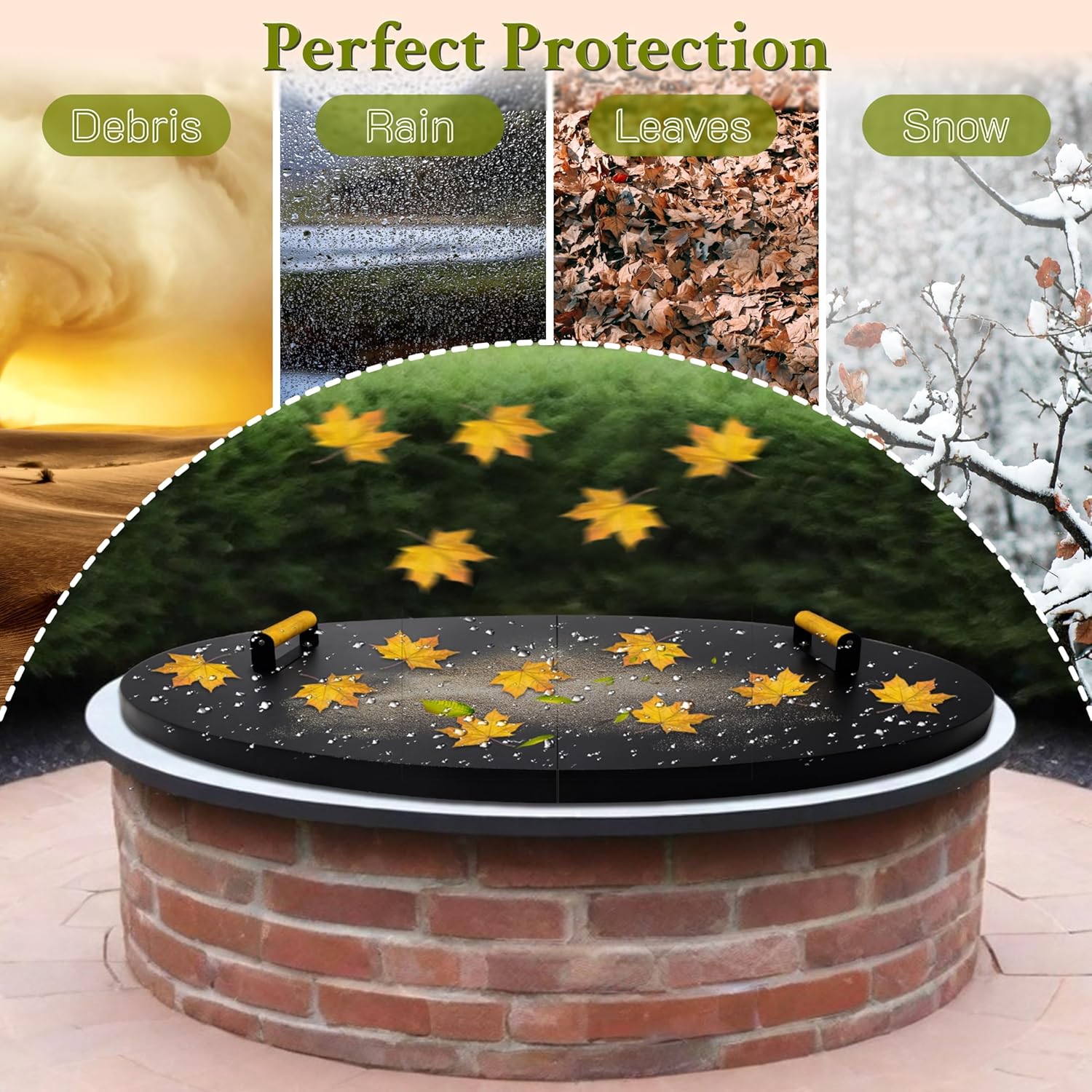 42” Round Fire Pit Lid – Heat Resistant Fire Pit Cover Lid Round for Outdoor Fireplace -16 Gauge Steel Flat Fire Pit Burner Pan Cover with Dual Wooden Handles Snuffer Lid for Patio Fire Pit Ring