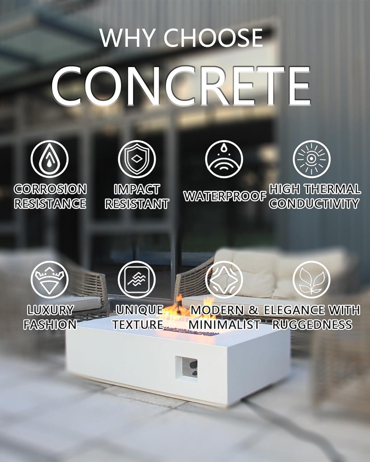 EXPLUX Outdoor Propane Gas Fire Pit Table 65,000 BTU 52-inch Concrete(GFRC) Rectangle Fire Pit for Outside Patio with 304 Stainless Steel Burner,Wind Guard,Crystal Blue Fire Glass,Rain Cover,Black