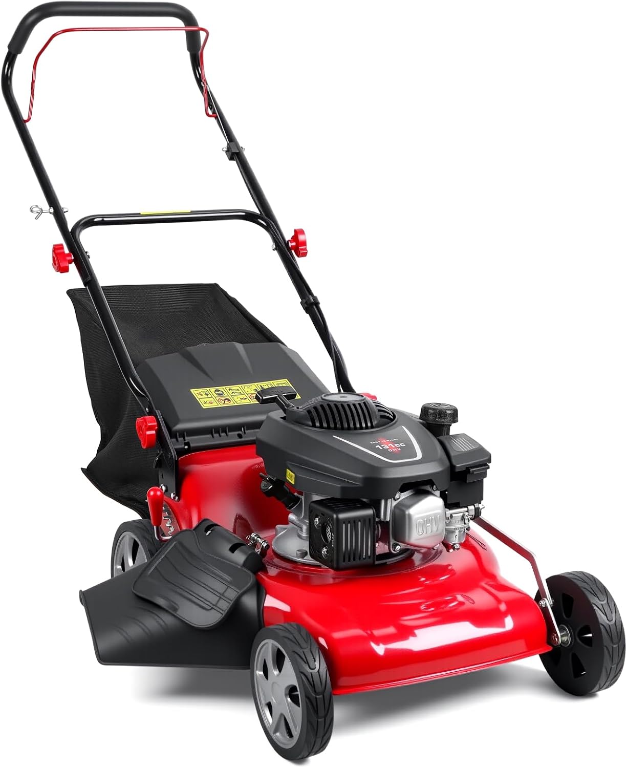 3-in-1 Self Propelled Gas Lawn Mower, 131cc Push Mower, 50L Grass Catcher, Big Wheels, Mulching, Side Discharge, Rear Bagging, 18.1-inch Cutting Width (Red)