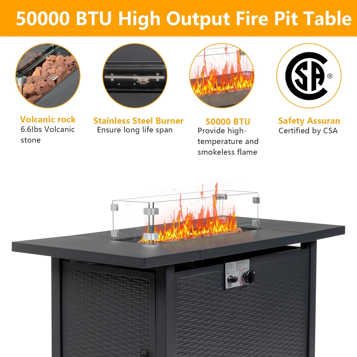 43 Inch Outdoor Propane Gas Fire Pit Table,Outdoor Fire Pit Rectangular Tabletop,Steel Gas Fire Pit Table,Outside Patio Gas Fire Pits,with Lid and Lava Rock,for Patio Deck Garden Backyard (Black)