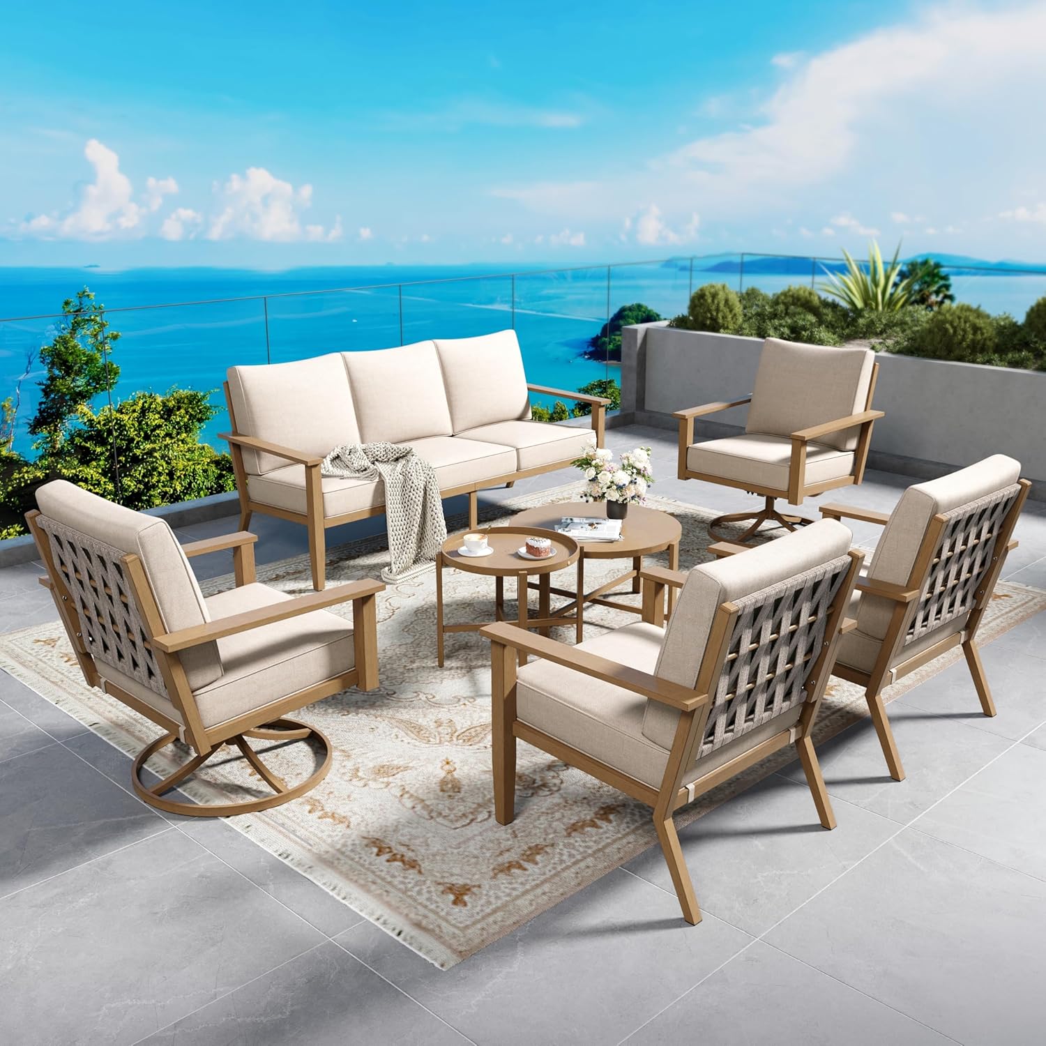 Patio Conversation Set,7 Pcs Metal Outdoor Furniture with 3-Seater Sofa,2 Swivel Chairs,2 Single Chairs,Metal Nested Table and 5.75