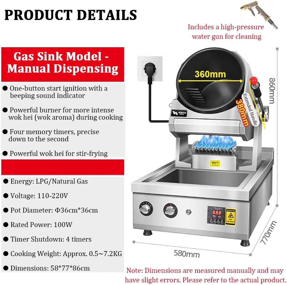 Non-Stick Automatic Cooking Machine, Household Countertop Gas-Powered Stir-Fry Machine, Stainless Steel Drum Stir-Fry Machine, with 4 Timers, Large Capacity Food Processor,36cm Wok