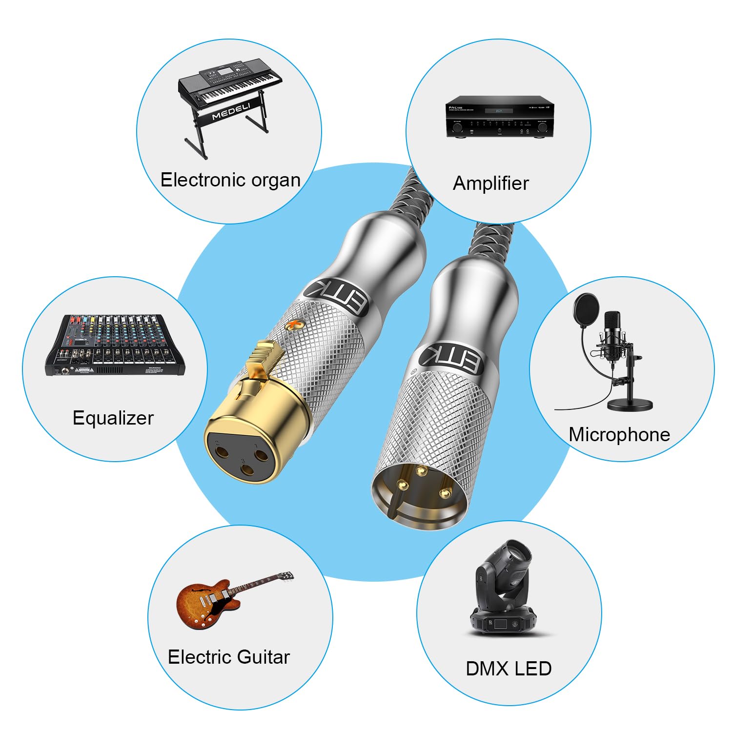 EMK XLR Microphone Cable 3-Pin Balanced (Male to Female) - 10M/30Ft Professional Audio Cord for Behringer Mixer, Mic Preamplifier, Speaker Systems - Oxygen-Free Copper, Gold-Plated Connectors (Silver)
