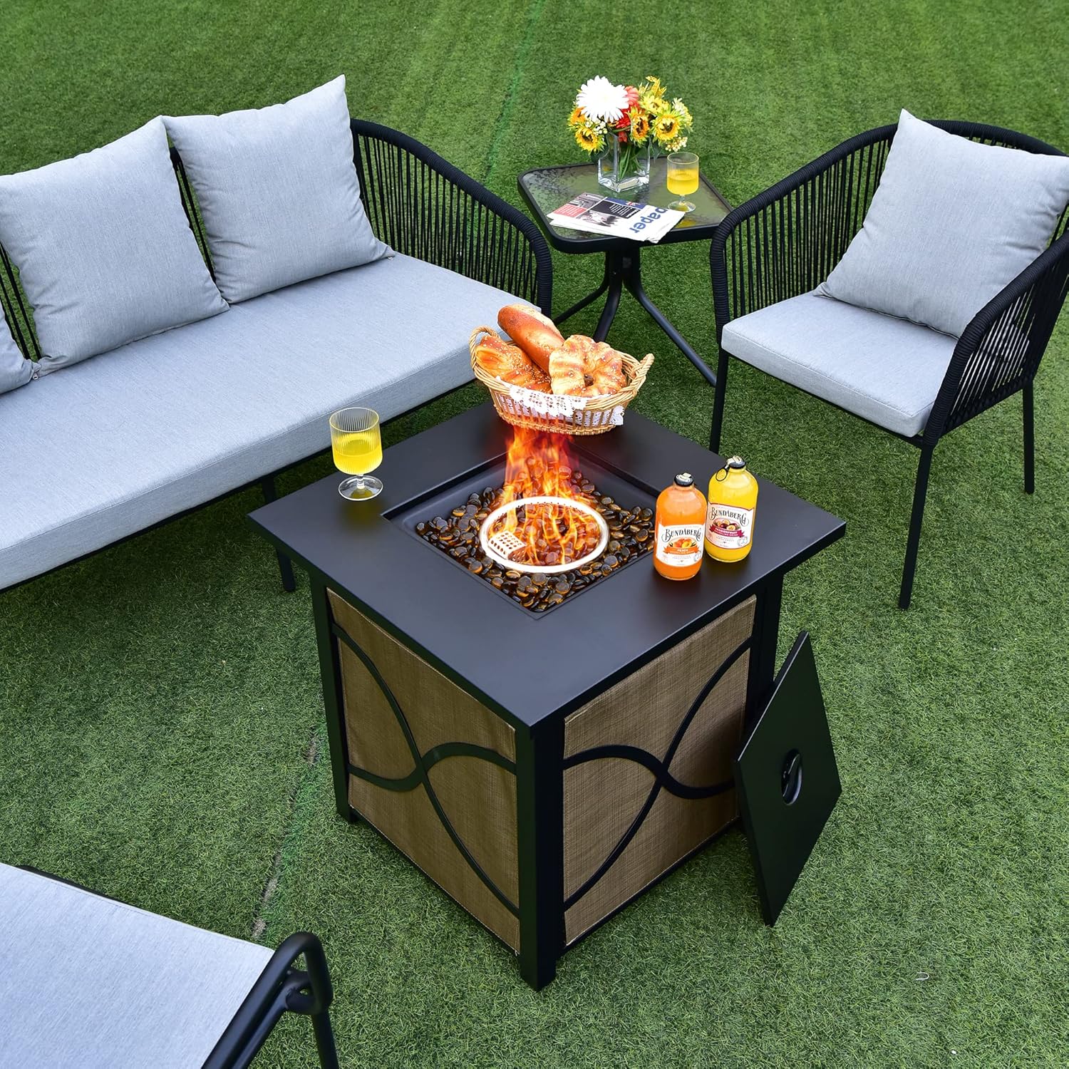 COSTWAY 25-Inch Propane Fire Pit Table, 40000 BTU Square Gas Fire Pit Table with Lid, Fire Glass and Adjustable Flame, 2-in-1 Outdoor Fire Table, CSA Approved